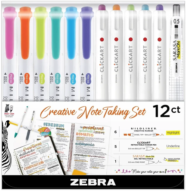 Main image of Notetaking Set, MILDLINER, CLiCKART & SARASA, Assorted, 12-Pack Includes 6 MILDLINER Highlighters, 5 CLiCKART Felt Tip Pens & 1 SARASA MarkOn Pen, Ideal for Bible Study & Note-Taking (12012