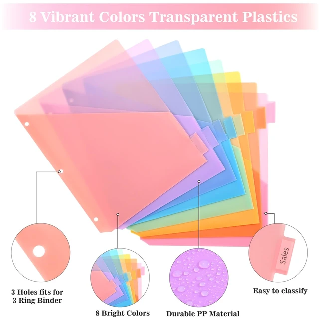 Alt view image 2 of 7 - 8-Tab Dividers for 3 Ring Binder, 96 Count Binder Dividers with Pockets, Subject Dividers, 3-Hole Plastics Sheets Protectors for US Letter Size in 0.5", 1",2" Binders, 8 Pastel Colors, 12 Packs