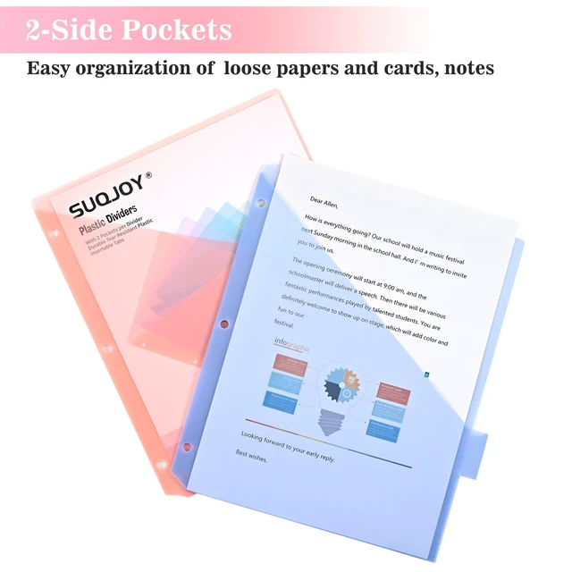 Alt view image 4 of 7 - 8-Tab Dividers for 3 Ring Binder, 96 Count Binder Dividers with Pockets, Subject Dividers, 3-Hole Plastics Sheets Protectors for US Letter Size in 0.5", 1",2" Binders, 8 Pastel Colors, 12 Packs