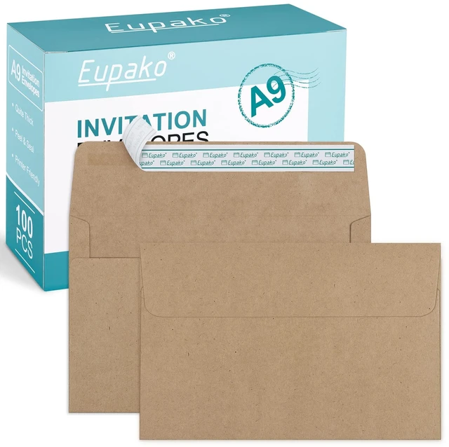 Main image of A9 Envelopes Sefl Seal 100 Pack, Brown Invitation Envelopes for Photos, Invitations, Announcements, Wedding, Baby Shower, 5-3/4 x 8-3/4 Inches