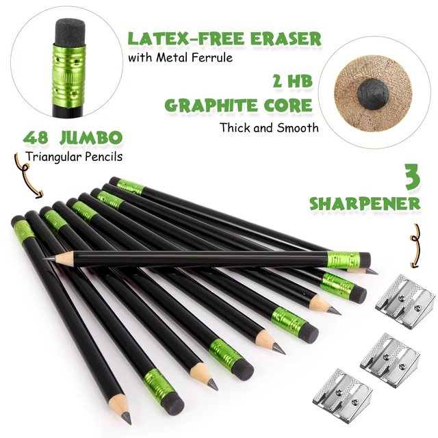 Alt view image 4 of 6 - 48 Pcs Large Pencils 3 Sharpeners,Black,Round Jumbo Thick Grip, Preschoolers Kindergarten Beginners, My First Pencil Set, Easy Hold Kids School Writing Practice Supplies