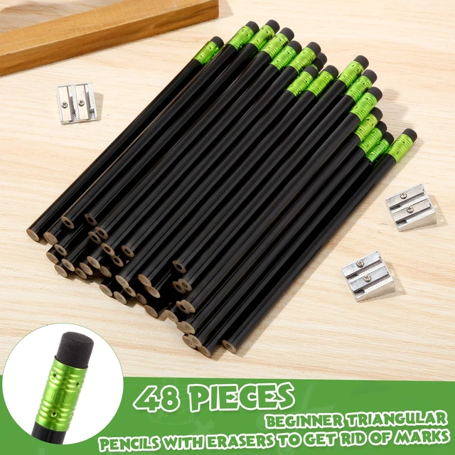 Alt view image 3 of 6 - 48 Pcs Large Pencils 3 Sharpeners,Black,Round Jumbo Thick Grip, Preschoolers Kindergarten Beginners, My First Pencil Set, Easy Hold Kids School Writing Practice Supplies