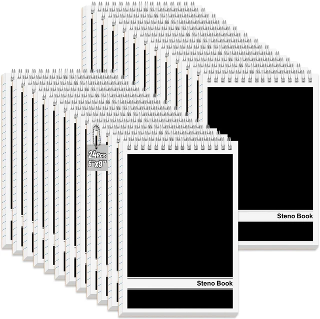 Main image of 24 Pack Black Steno Pads 6 x 9 in Spiral Top Notebooks Bulk Note Pads 60 Sheets Gregg Rule Writing Paper Steno Notebooks for Students Teachers Men Women Professionals Office School Recording work