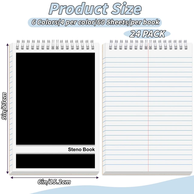 Alt view image 2 of 7 - 24 Pack Black Steno Pads 6 x 9 in Spiral Top Notebooks Bulk Note Pads 60 Sheets Gregg Rule Writing Paper Steno Notebooks for Students Teachers Men Women Professionals Office School Recording work
