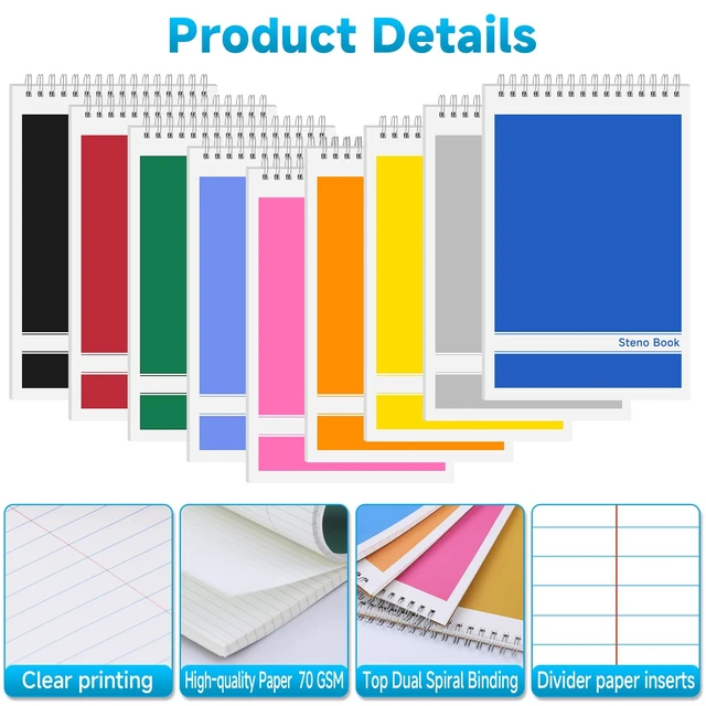 Alt view image 2 of 7 - 24 Pack Steno Pads 6x9 Spiral Notebooks Bulk 12 Assorted Colors Note Pads 60 Sheets Gregg Rule Writing Paper, Steno Notebooks for Students Teachers Men Women Professionals Office School Recording