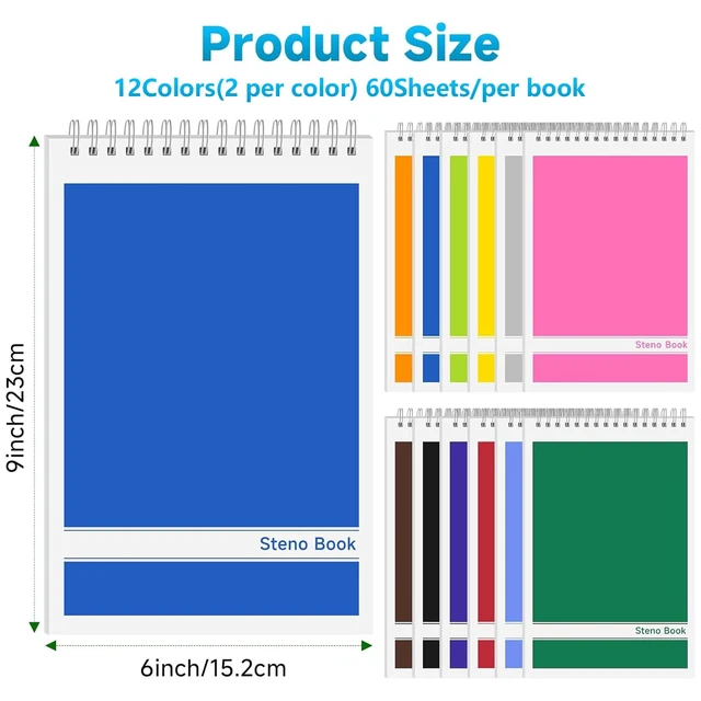 Alt view image 3 of 7 - 24 Pack Steno Pads 6x9 Spiral Notebooks Bulk 12 Assorted Colors Note Pads 60 Sheets Gregg Rule Writing Paper, Steno Notebooks for Students Teachers Men Women Professionals Office School Recording