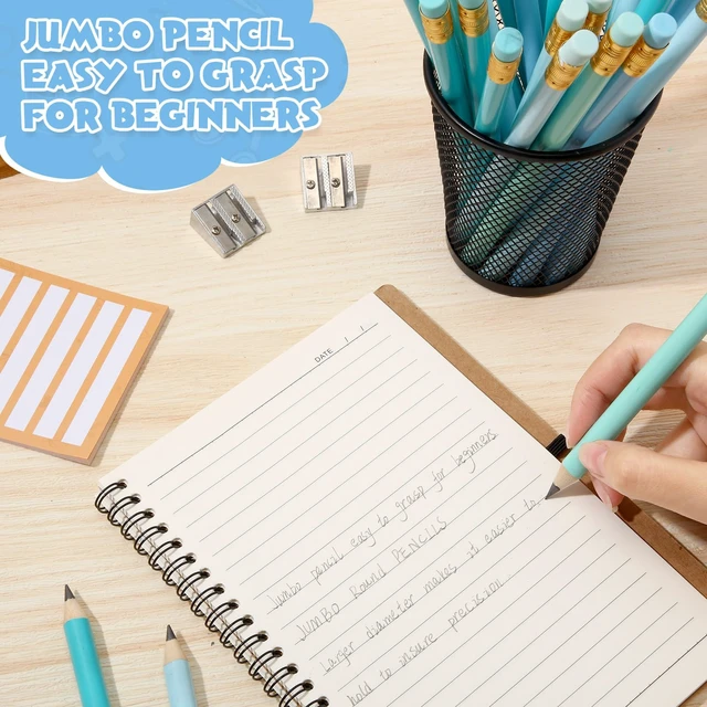Alt view image 5 of 6 - 48 Pcs Large Pencils 3 Sharpeners,Turquoise Blue Series,Triangle Jumbo Thick Grip, Preschoolers Kindergarten Beginners, My First Pencil Set, Easy Hold Kids School Writing Practice Supplies