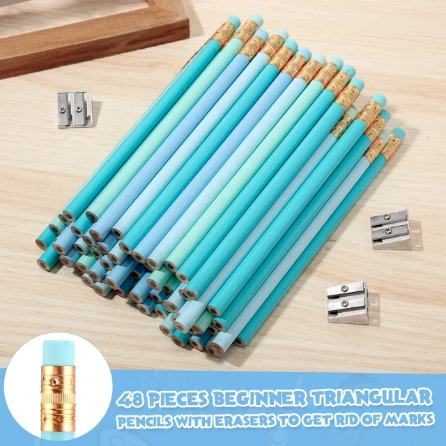 Alt view image 3 of 6 - 48 Pcs Large Pencils 3 Sharpeners,Turquoise Blue Series,Triangle Jumbo Thick Grip, Preschoolers Kindergarten Beginners, My First Pencil Set, Easy Hold Kids School Writing Practice Supplies