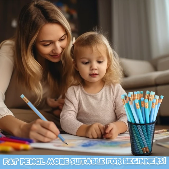 Alt view image 6 of 6 - 48 Pcs Large Pencils 3 Sharpeners,Turquoise Blue Series,Triangle Jumbo Thick Grip, Preschoolers Kindergarten Beginners, My First Pencil Set, Easy Hold Kids School Writing Practice Supplies