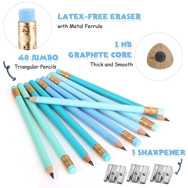 Alt view image 4 of 6 - 48 Pcs Large Pencils 3 Sharpeners,Turquoise Blue Series,Triangle Jumbo Thick Grip, Preschoolers Kindergarten Beginners, My First Pencil Set, Easy Hold Kids School Writing Practice Supplies