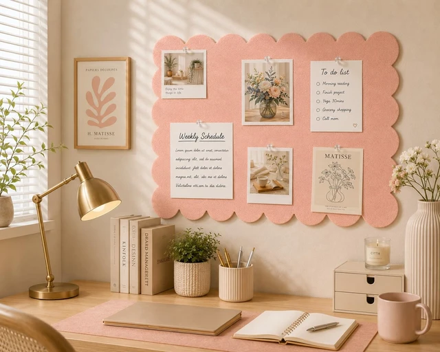 Alt view image 3 of 7 - Scalloped Felt Bulletin Board 36 x 24 Inches, Pink Pin Board for Wall Large Vision Board for Girls Bedroom, Dorm & Kids Room, Decorative Memo Board for Photos, Notes, Study Display and Wall Decor