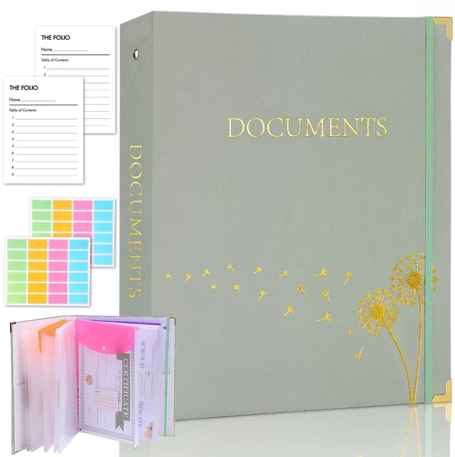 Main image of Important Document Organizer 3 Ring Linen Binders Folio File Folders Green Expanding Storage Holder with Gold-foiled Hardcover, 9 Pockets & Labels for A4, Letter Size Papers, Home & Office