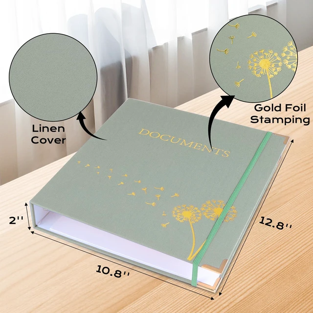 Alt view image 3 of 7 - Important Document Organizer 3 Ring Linen Binders Folio File Folders Green Expanding Storage Holder with Gold-foiled Hardcover, 9 Pockets & Labels for A4, Letter Size Papers, Home & Office