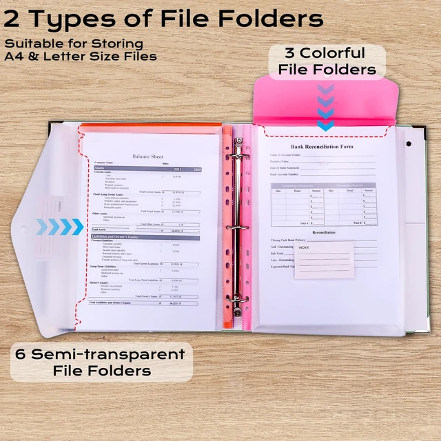 Alt view image 6 of 7 - Important Document Organizer 3 Ring Linen Binders Folio File Folders Green Expanding Storage Holder with Gold-foiled Hardcover, 9 Pockets & Labels for A4, Letter Size Papers, Home & Office