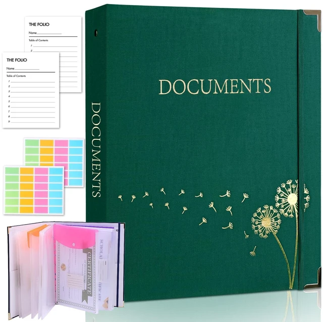 Main image of Important Document Organizer 3 Ring Linen Binders Folio File Folders Darkgreen Expanding Storage Holder with Gold-foiled Hardcover, 9 Pockets & Labels for A4, Letter Size Papers, Home & Office