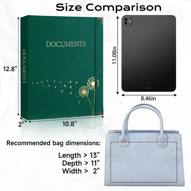 Alt view image 2 of 7 - Important Document Organizer 3 Ring Linen Binders Folio File Folders Darkgreen Expanding Storage Holder with Gold-foiled Hardcover, 9 Pockets & Labels for A4, Letter Size Papers, Home & Office