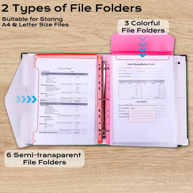 Alt view image 3 of 7 - Important Document Organizer 3 Ring Linen Binders Folio File Folders Darkgreen Expanding Storage Holder with Gold-foiled Hardcover, 9 Pockets & Labels for A4, Letter Size Papers, Home & Office