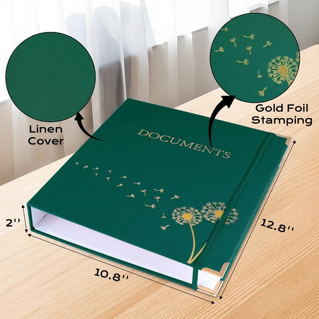 Alt view image 4 of 7 - Important Document Organizer 3 Ring Linen Binders Folio File Folders Darkgreen Expanding Storage Holder with Gold-foiled Hardcover, 9 Pockets & Labels for A4, Letter Size Papers, Home & Office