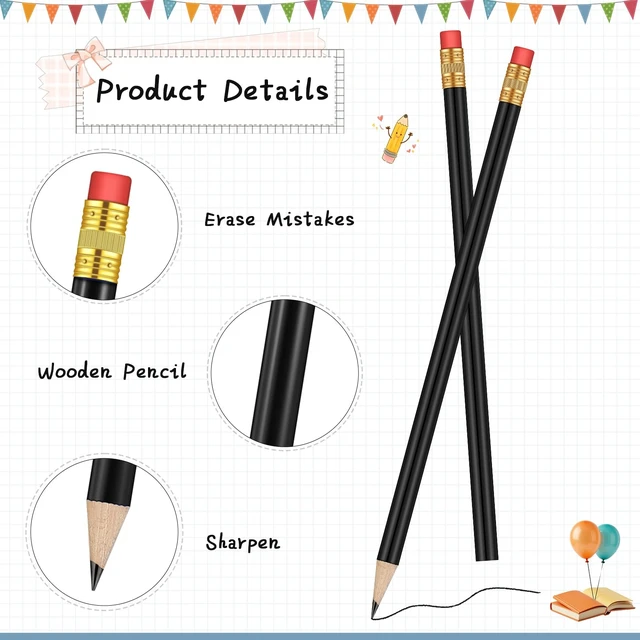 Alt view image 3 of 7 - 144 Pieces HB Graphite Wood Pencils with Eraser for School, Black Round Design Comfortable Grip, Writing Drawing Sketching, School Office Wedding Classroom Supplies, Bulk Teachers Students