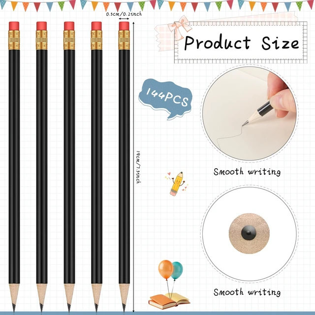 Alt view image 2 of 7 - 144 Pieces HB Graphite Wood Pencils with Eraser for School, Black Round Design Comfortable Grip, Writing Drawing Sketching, School Office Wedding Classroom Supplies, Bulk Teachers Students