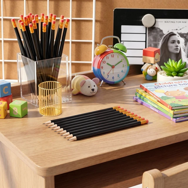 Alt view image 6 of 7 - 144 Pieces HB Graphite Wood Pencils with Eraser for School, Black Round Design Comfortable Grip, Writing Drawing Sketching, School Office Wedding Classroom Supplies, Bulk Teachers Students