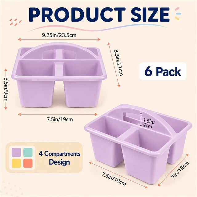 Alt view image 2 of 7 - 6 Pack Plastic Classroom Caddy with 4-Compartments Plastic Storage Caddies with Handle 4 Compartments Table Caddy Organizer Versatile Table Caddies for Classroom Office, Pastel Color
