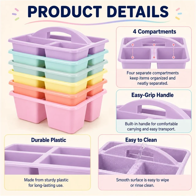 Alt view image 3 of 7 - 6 Pack Plastic Classroom Caddy with 4-Compartments Plastic Storage Caddies with Handle 4 Compartments Table Caddy Organizer Versatile Table Caddies for Classroom Office, Pastel Color