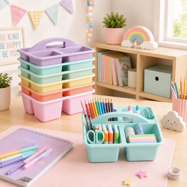 Alt view image 4 of 7 - 6 Pack Plastic Classroom Caddy with 4-Compartments Plastic Storage Caddies with Handle 4 Compartments Table Caddy Organizer Versatile Table Caddies for Classroom Office, Pastel Color