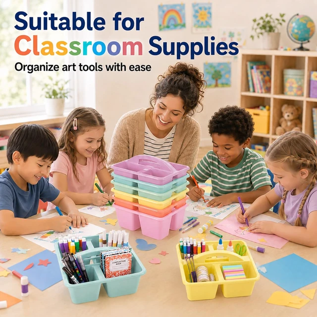 Alt view image 5 of 7 - 6 Pack Plastic Classroom Caddy with 4-Compartments Plastic Storage Caddies with Handle 4 Compartments Table Caddy Organizer Versatile Table Caddies for Classroom Office, Pastel Color