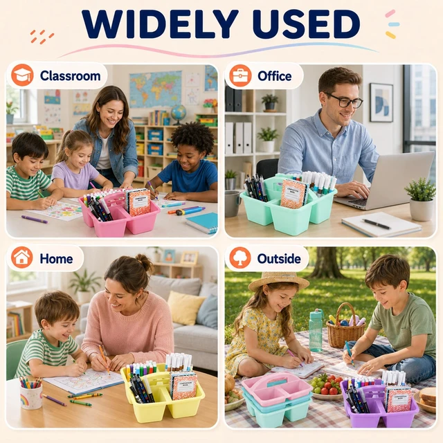 Alt view image 6 of 7 - 6 Pack Plastic Classroom Caddy with 4-Compartments Plastic Storage Caddies with Handle 4 Compartments Table Caddy Organizer Versatile Table Caddies for Classroom Office, Pastel Color