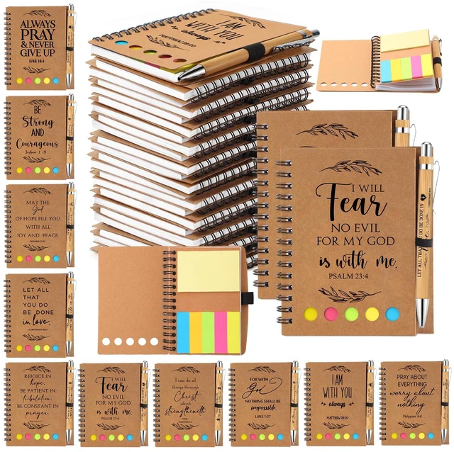 Main image of 140 Pcs/ 70 Set Christian Bible Verse Notebook Bamboo Pen, Kraft Bulk Spiral Notebooks with Pens, Inspirational Bible Verse Design, Pastor Appreciation Gift, Church School Teachers Coworker