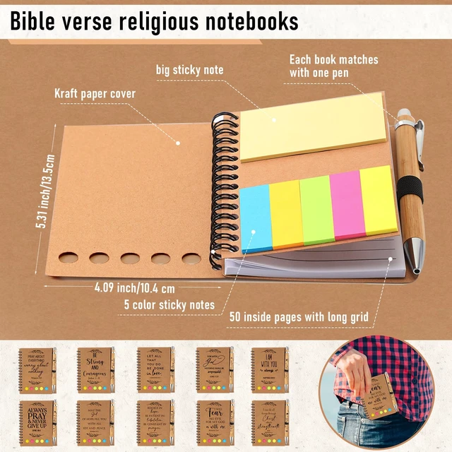 Alt view image 2 of 7 - 140 Pcs/ 70 Set Christian Bible Verse Notebook Bamboo Pen, Kraft Bulk Spiral Notebooks with Pens, Inspirational Bible Verse Design, Pastor Appreciation Gift, Church School Teachers Coworker