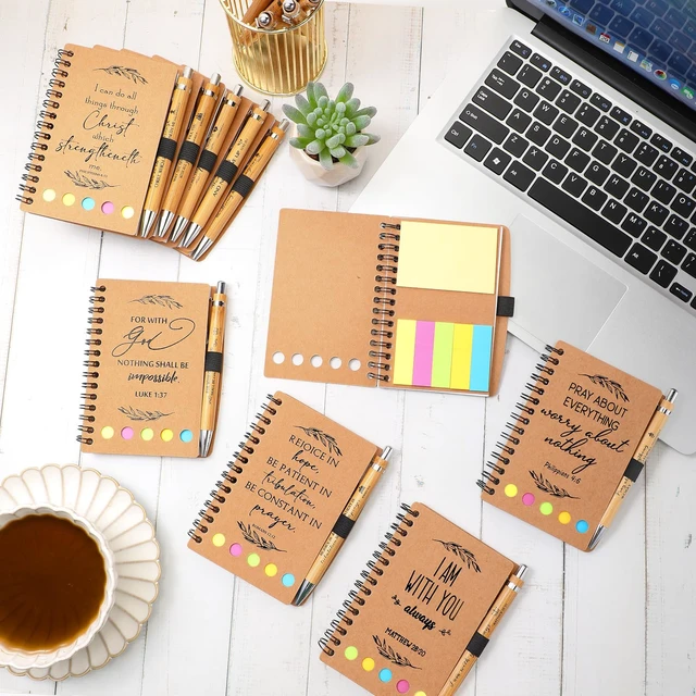 Alt view image 4 of 7 - 140 Pcs/ 70 Set Christian Bible Verse Notebook Bamboo Pen, Kraft Bulk Spiral Notebooks with Pens, Inspirational Bible Verse Design, Pastor Appreciation Gift, Church School Teachers Coworker