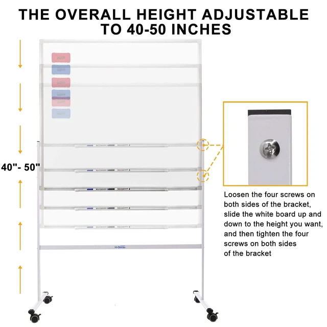 Alt view image 2 of 7 - Mobile Whiteboard 36"x24" Magnetic Dry Erase Board with Stand - Adjustable Height Double Side Rolling White Boards on Wheels for Home, Office & School