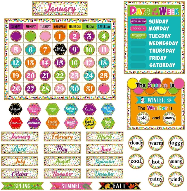 Main image of 169 Pcs Classroom Calendar Board Confetti Style Confetti Style Class Set with Weather Seasons Days Month Cards, Stickers for Bulletin Wall Display