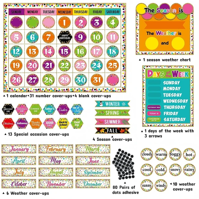 Alt view image 3 of 6 - 169 Pcs Classroom Calendar Board Confetti Style Confetti Style Class Set with Weather Seasons Days Month Cards, Stickers for Bulletin Wall Display