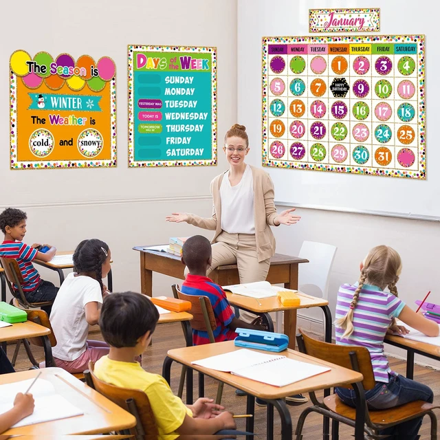 Alt view image 6 of 6 - 169 Pcs Classroom Calendar Board Confetti Style Confetti Style Class Set with Weather Seasons Days Month Cards, Stickers for Bulletin Wall Display