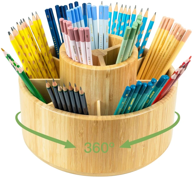 Main image of Large Bamboo Rotating Pencil Holder, 360° Colored Pen Organizer Spinning Art Supply Desk Caddy with Raised Center, 11-Compartment Desktop Storage for Pens, Markers and Office Supplies
