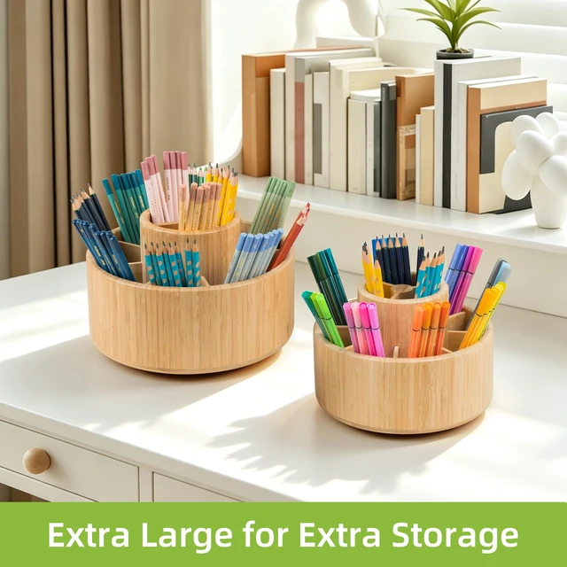 Alt view image 2 of 7 - Large Bamboo Rotating Pencil Holder, 360° Colored Pen Organizer Spinning Art Supply Desk Caddy with Raised Center, 11-Compartment Desktop Storage for Pens, Markers and Office Supplies