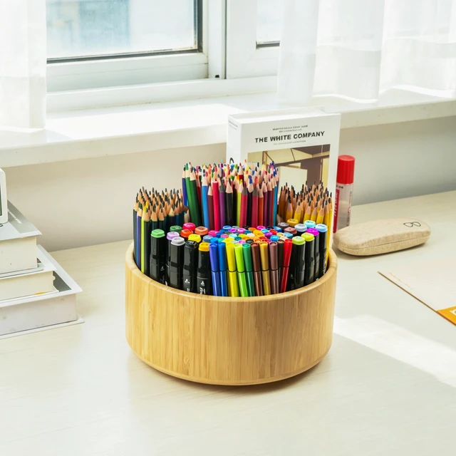 Alt view image 6 of 7 - Large Bamboo Rotating Pencil Holder, 360° Colored Pen Organizer Spinning Art Supply Desk Caddy with Raised Center, 11-Compartment Desktop Storage for Pens, Markers and Office Supplies