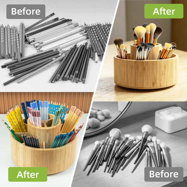 Alt view image 5 of 7 - Large Bamboo Rotating Pencil Holder, 360° Colored Pen Organizer Spinning Art Supply Desk Caddy with Raised Center, 11-Compartment Desktop Storage for Pens, Markers and Office Supplies