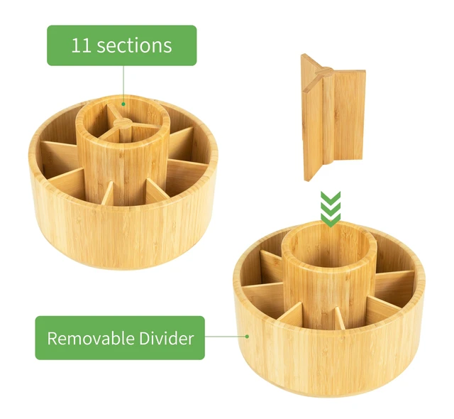 Alt view image 7 of 7 - Large Bamboo Rotating Pencil Holder, 360° Colored Pen Organizer Spinning Art Supply Desk Caddy with Raised Center, 11-Compartment Desktop Storage for Pens, Markers and Office Supplies