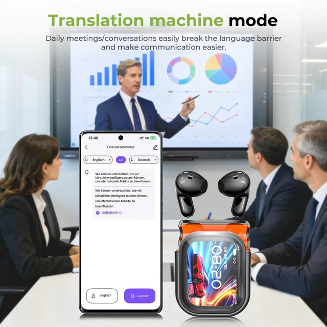 Alt view image 7 of 7 - NE20 Earbuds, 2025 New NE20 AI Translation Earbuds in Real Time, Language Translator Headphones with LCD Touch Screen Audifonos Traductores Inglés Español Support 140 Languages for Travel White