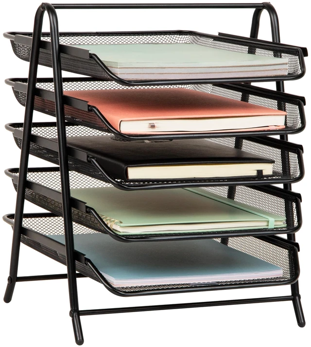 Main image of 5-Tier Paper Tray Organizer, Vertical Desktop File Storage Rack, Office, Metal Mesh, Black