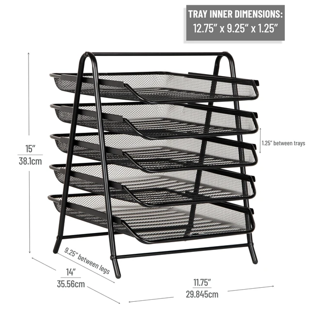 Alt view image 3 of 7 - 5-Tier Paper Tray Organizer, Vertical Desktop File Storage Rack, Office, Metal Mesh, Black