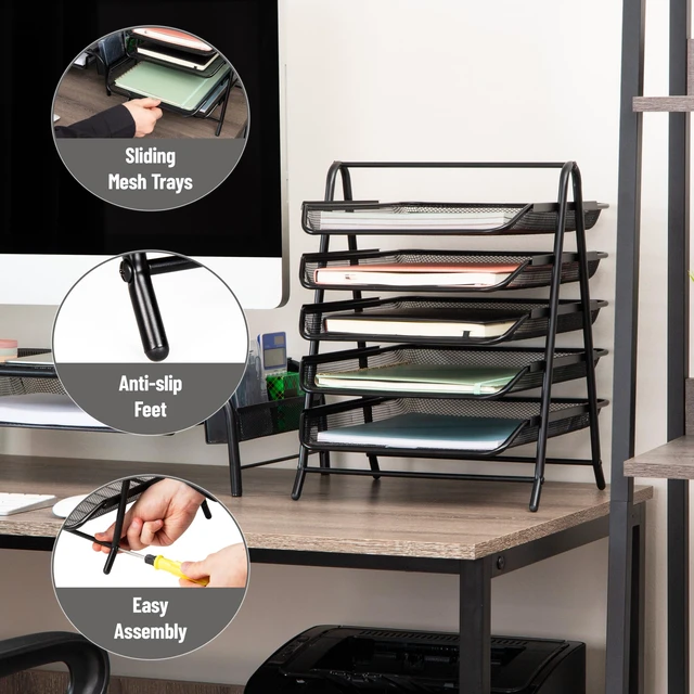 Alt view image 4 of 7 - 5-Tier Paper Tray Organizer, Vertical Desktop File Storage Rack, Office, Metal Mesh, Black