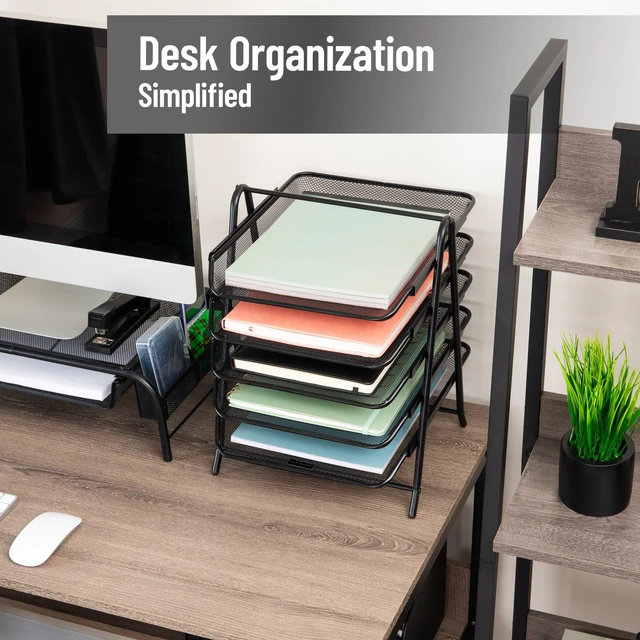 Alt view image 2 of 7 - 5-Tier Paper Tray Organizer, Vertical Desktop File Storage Rack, Office, Metal Mesh, Black