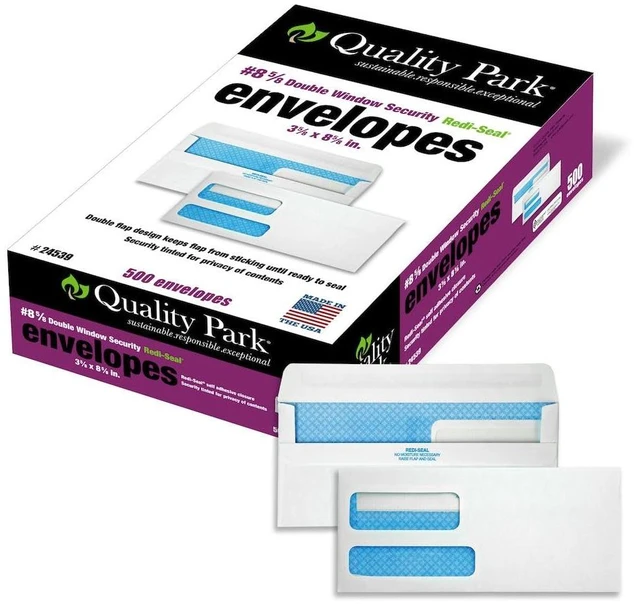 Main image of #8 5/8 Security Envelopes, Double Window, Self Seal Envelopes for Invoices/Statements, 3-5/8" x 8-5/8", 24 lb White, 500/Box (QUA24539)