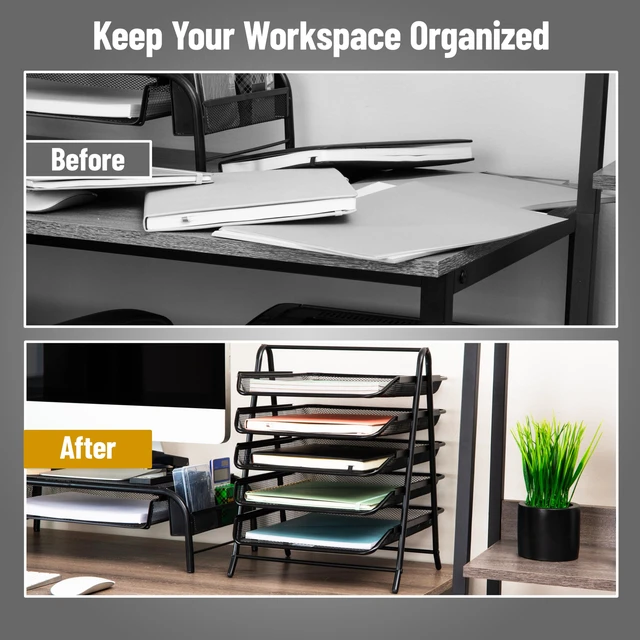 Alt view image 5 of 7 - 5-Tier Paper Tray Organizer, Vertical Desktop File Storage Rack, Office, Metal Mesh, Black