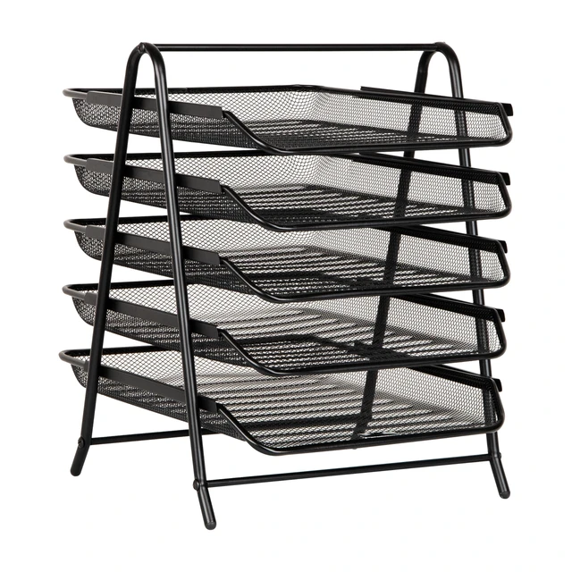 Alt view image 7 of 7 - 5-Tier Paper Tray Organizer, Vertical Desktop File Storage Rack, Office, Metal Mesh, Black